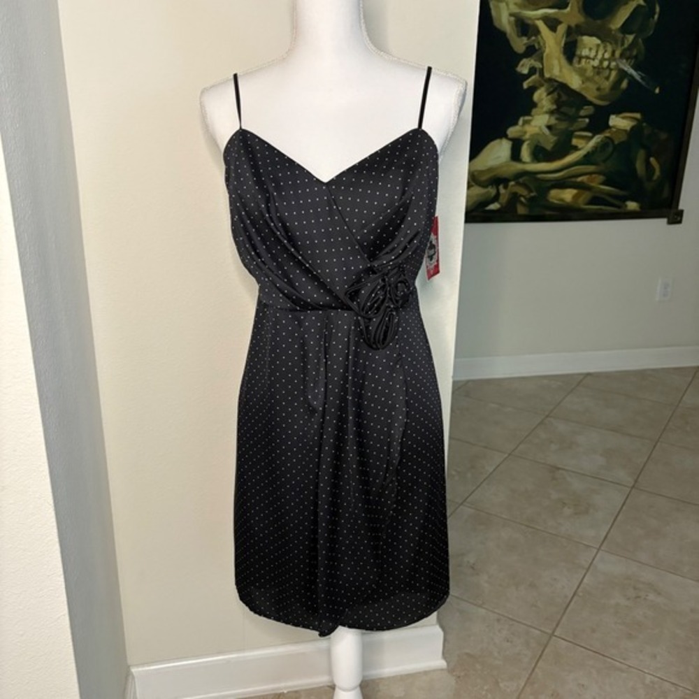 Y2K NWT Trixxi Women's Black Polka Dot Sheath Dress with Rosette Detail Size 11